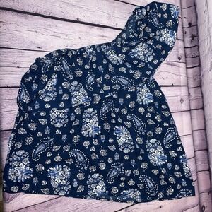 Lily White One Shoulder Blue Paisley Boho Ruffle Peasant Top Women's Extra Large